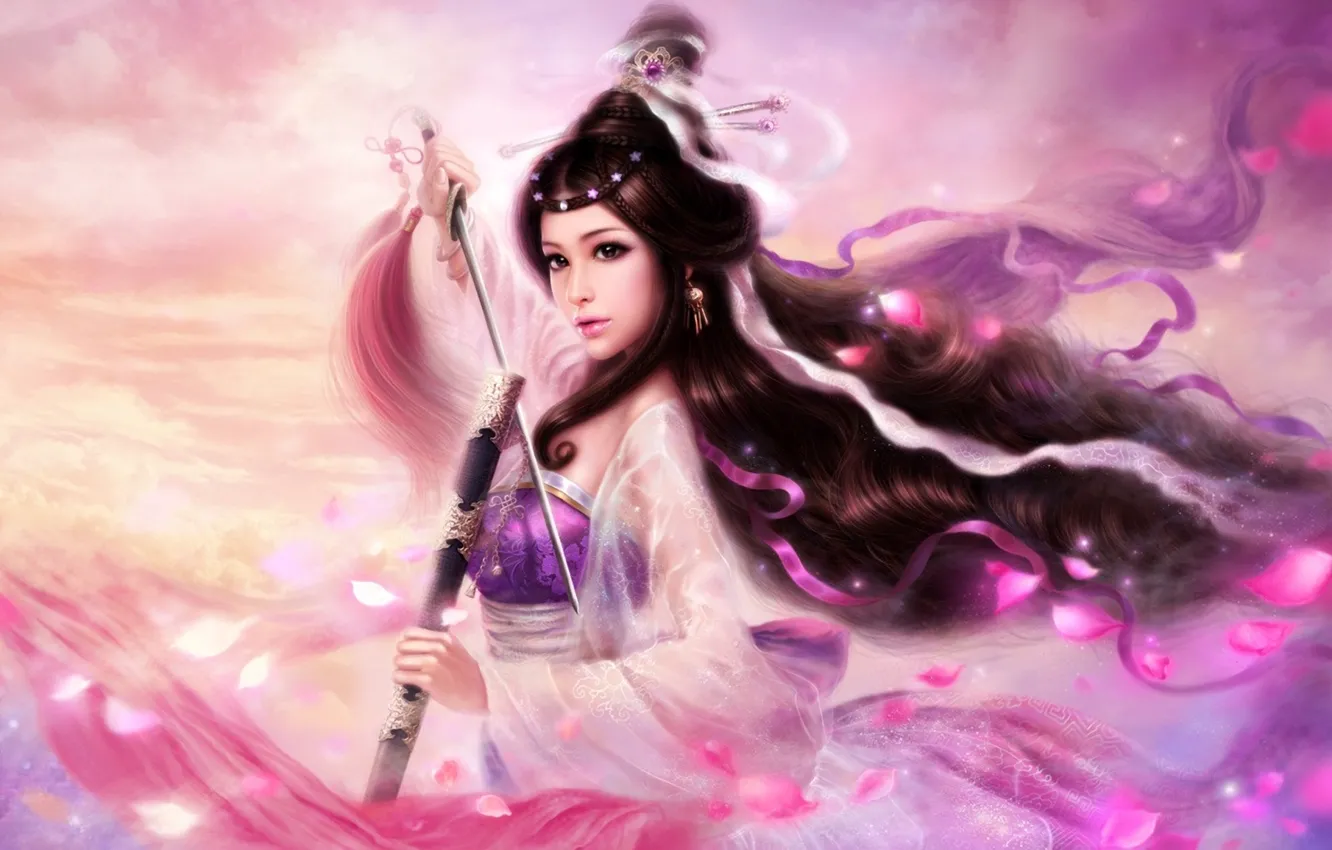 Photo wallpaper girl, tape, hair, sword, petals, art, hairstyle, brush