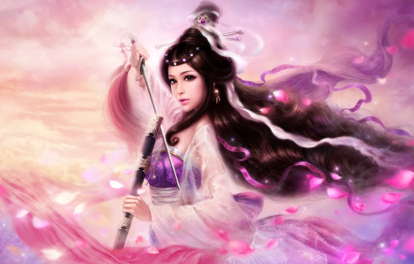 Photo wallpaper girl, hair, sword, petals, art, hairstyle, tape, brush