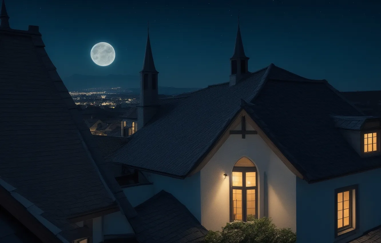 Photo wallpaper night, city, the city, comfort, background, Wallpaper, the moon, home