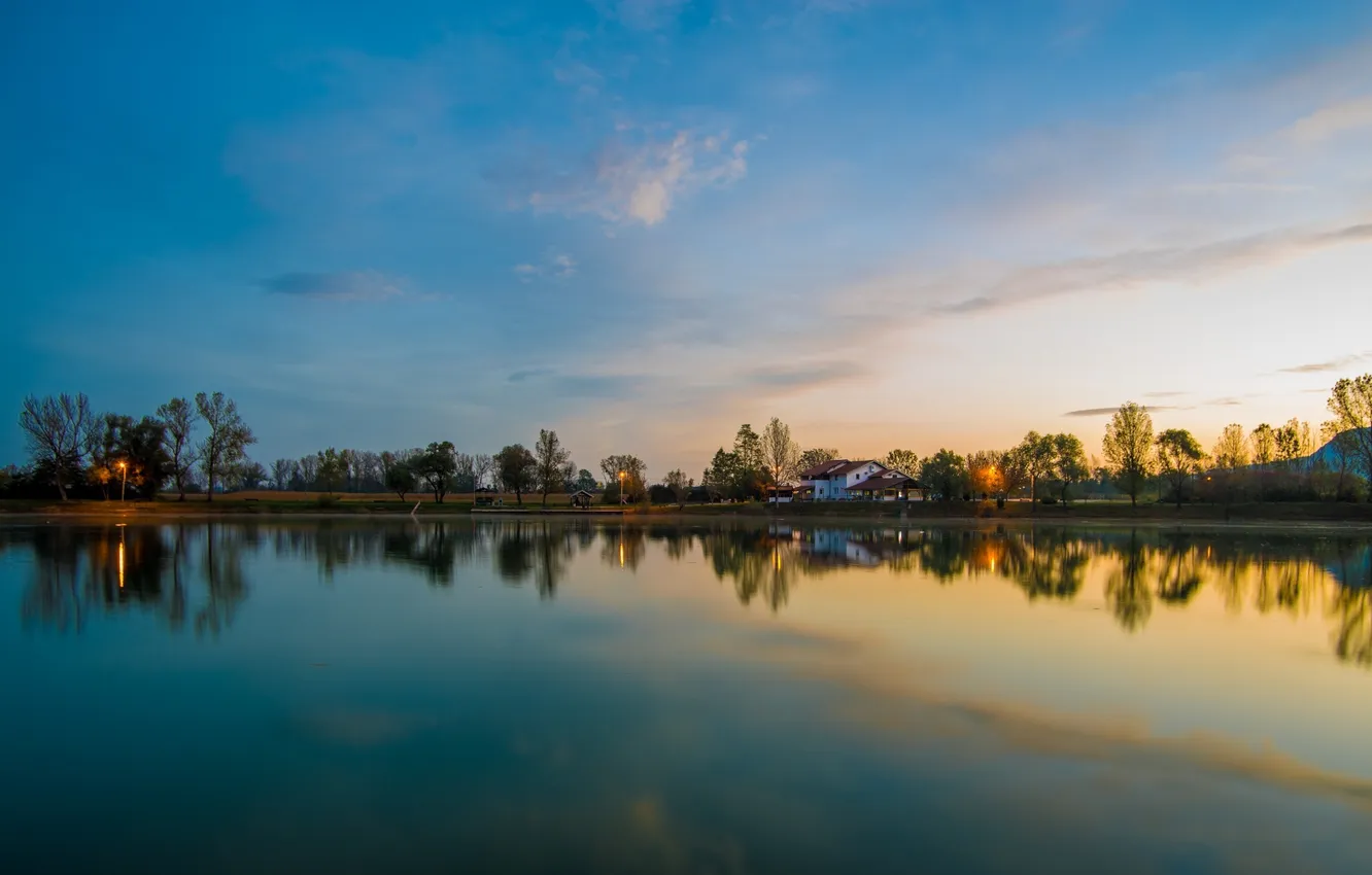 Photo wallpaper summer, trees, sunset, lake, coast, home