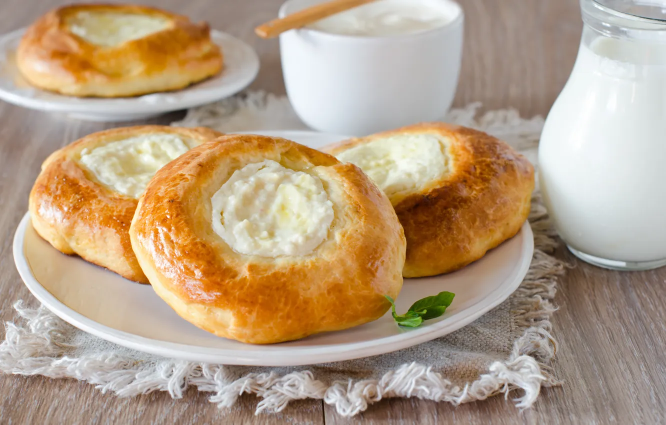 Photo wallpaper milk, plate, pitcher, cakes, cheese, buns, sour cream, cheesecake