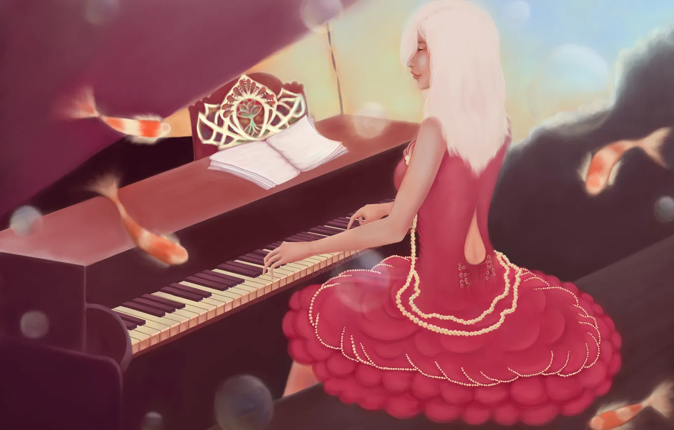 Photo wallpaper girl, fish, music, dress, art, piano, painting, sitting