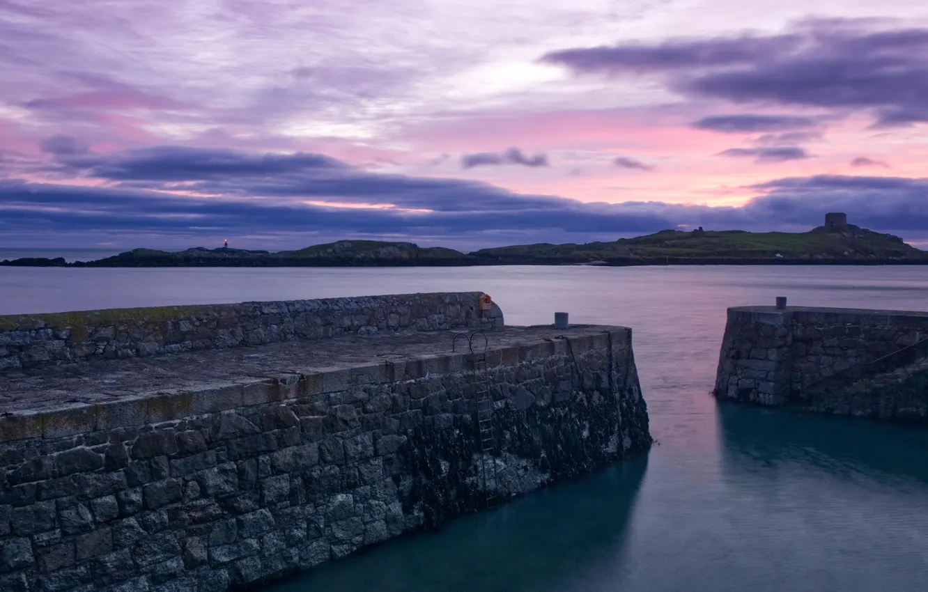 Photo wallpaper sea, the sky, clouds, dawn, harbour, Ireland, Dublin, Coliemore Harbour