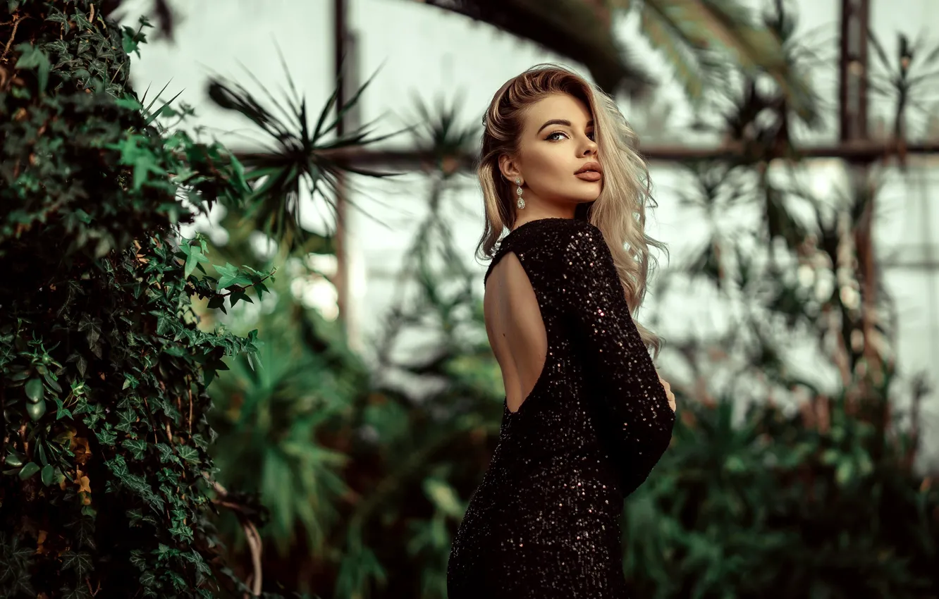 Photo wallpaper girl, decoration, pose, earrings, makeup, dress, blonde, greenhouse