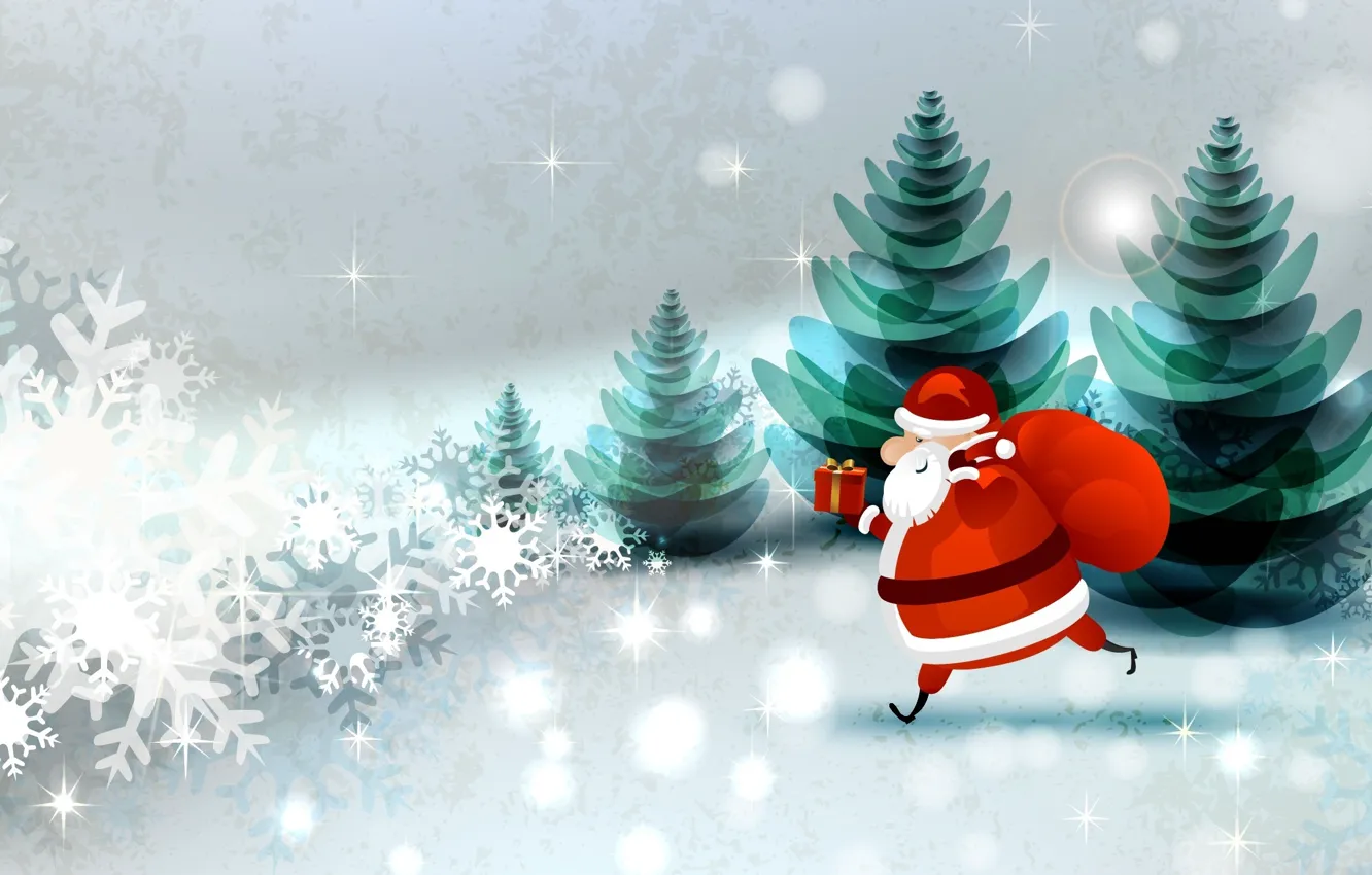 Photo wallpaper forest, snowflakes, holiday, box, Santa Claus, bag, tree