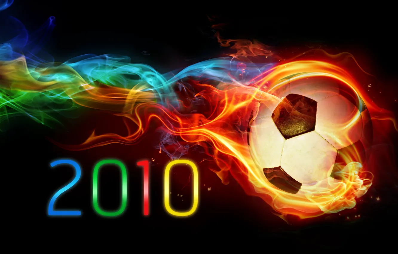 Photo wallpaper fire, football, paint, the ball, rainbow, black background, championship 2010