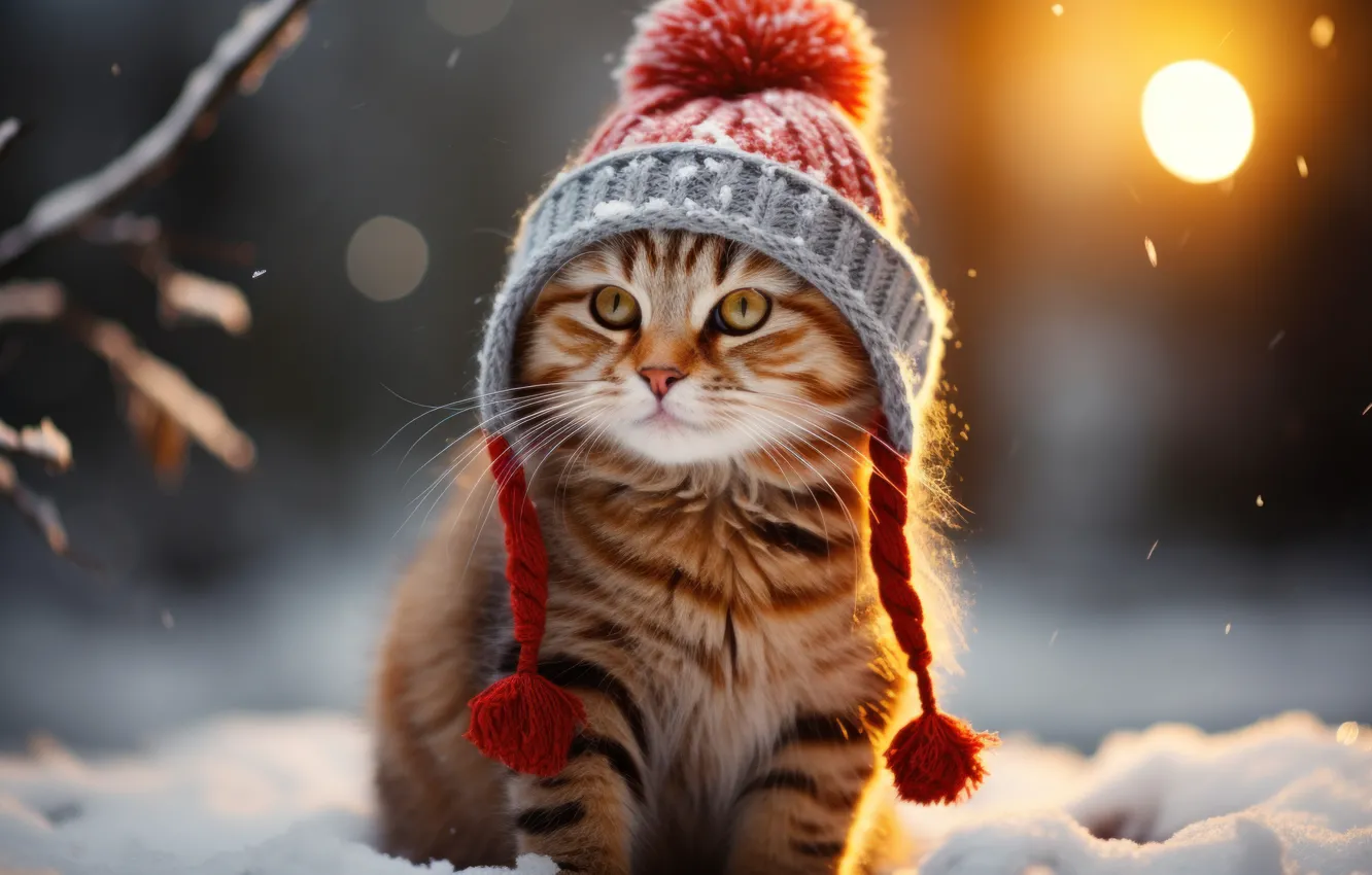 Photo wallpaper winter, cat, snow, new year, Christmas, red, kitty, cap
