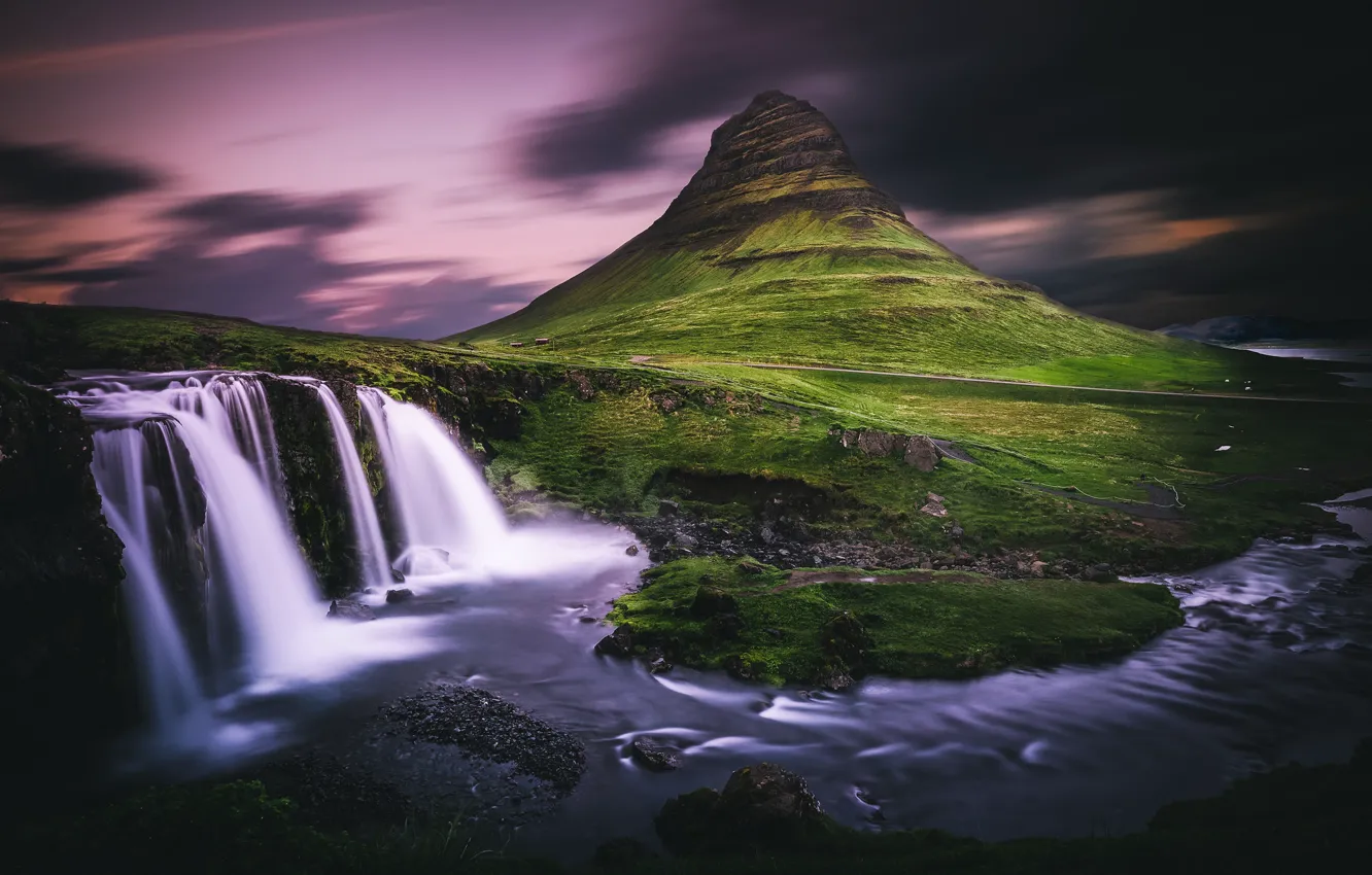 Photo wallpaper the sky, clouds, mountains, shore, waterfall, the evening, the volcano, twilight