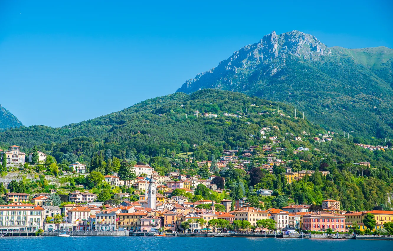 Photo wallpaper mountains, lake, home, Italy, Como, Menaggio