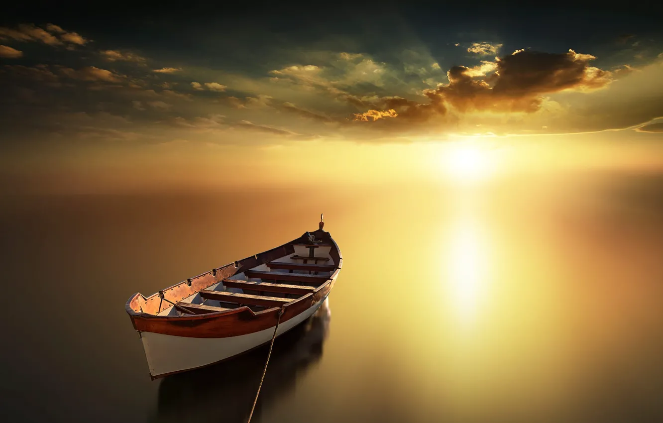 Photo wallpaper sunset, water, calm, mood, boat