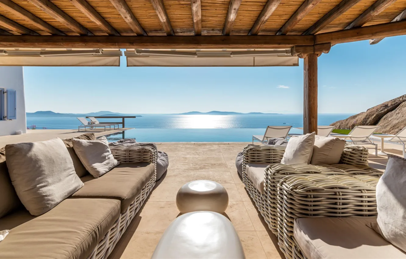 Photo wallpaper sofa, interior, pool, Greece, Mykonos, Mykonos, by Mykonos Architects, covered terrace