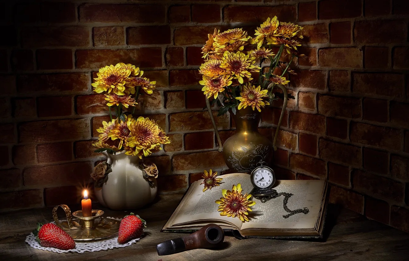 Photo wallpaper flowers, yellow, berries, the dark background, bouquet, brick, candles, strawberry