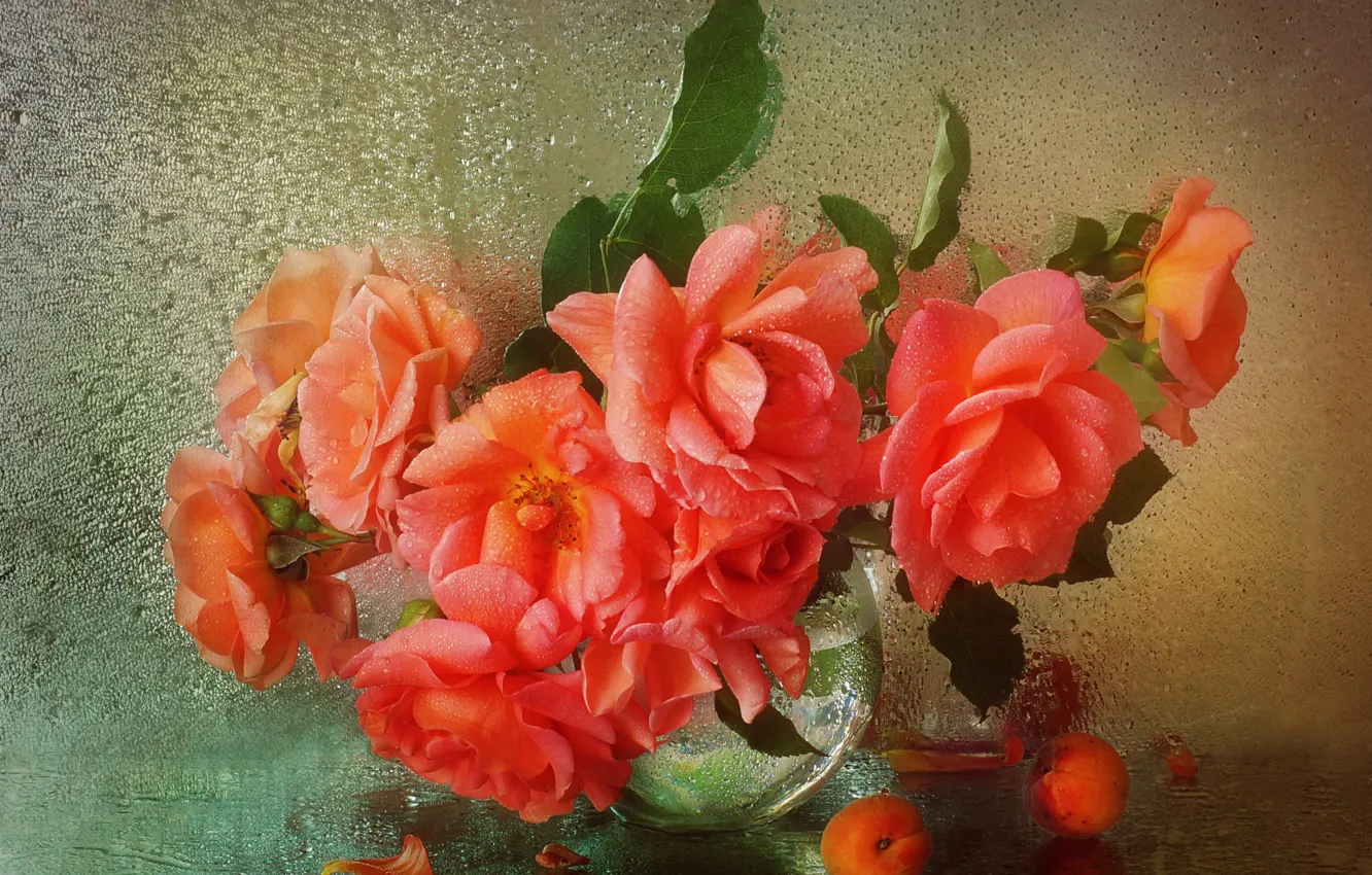 Photo wallpaper glass, leaves, drops, flowers, orange, moisture, roses, bouquet