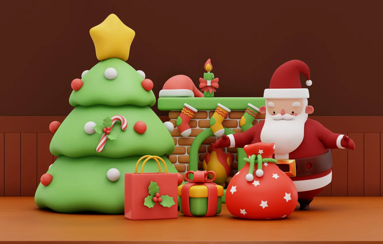 Photo wallpaper rendering, gift, toy, new year, Christmas, fireplace, Santa Claus, Santa Claus
