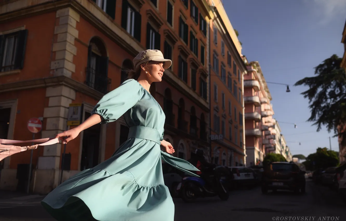 Photo wallpaper look, girl, the sun, pose, street, building, dress, Rostov Anton