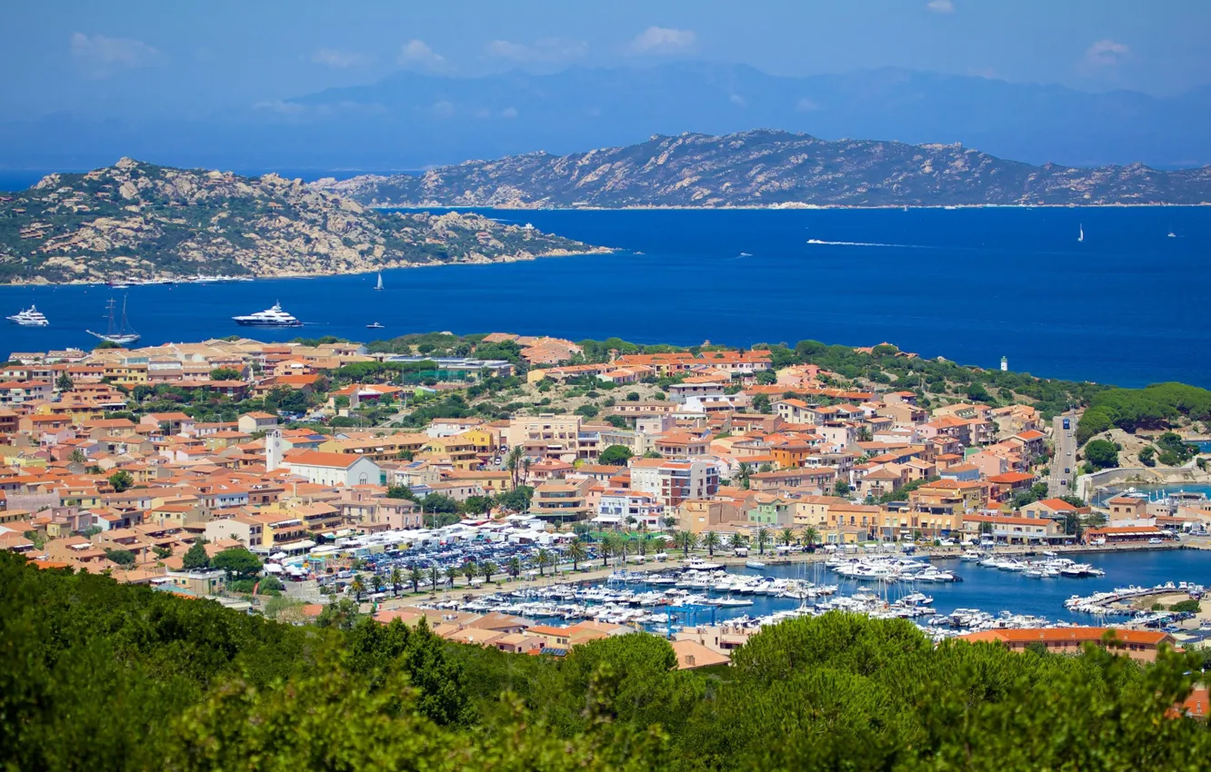 Photo wallpaper sea, mountains, home, yachts, Italy, panorama, Sardinia