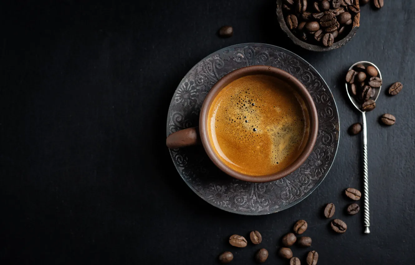 Photo wallpaper foam, the dark background, mug, Cup, coffee, saucer, coffee beans, placer