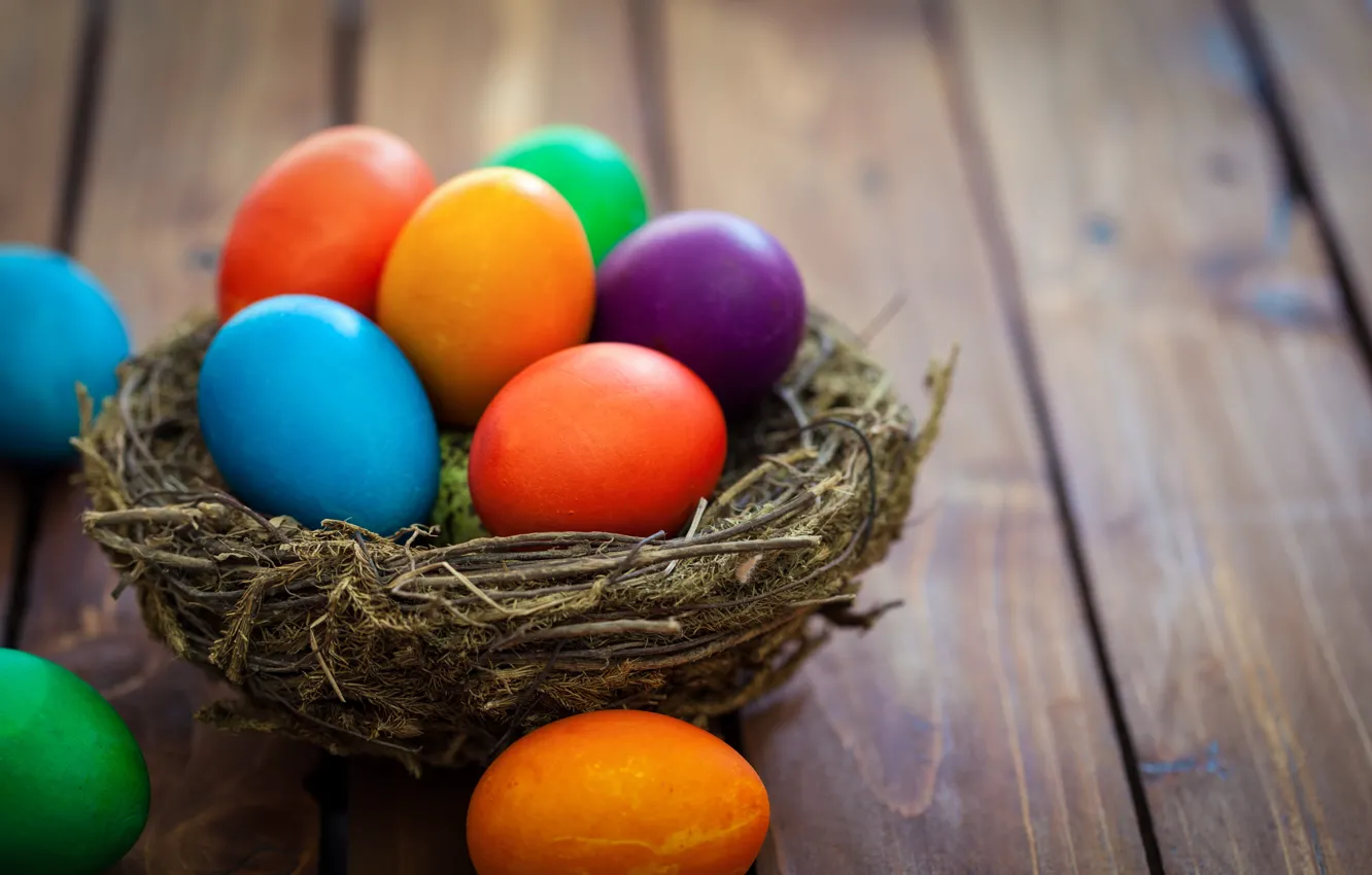 Photo wallpaper spring, colorful, Easter, basket, wood, spring, Easter, eggs