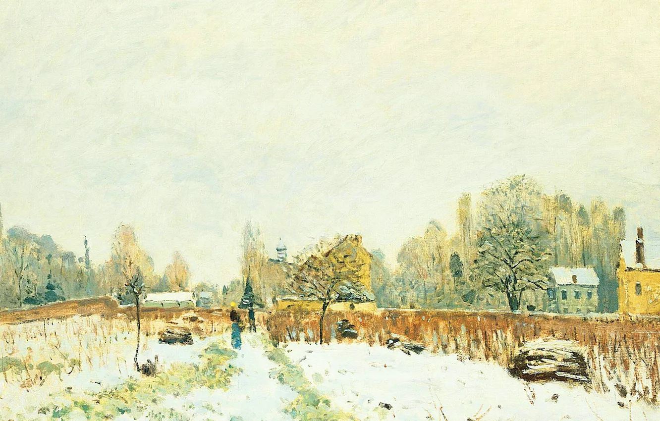 Photo wallpaper landscape, picture, Alfred Sisley, Alfred Sisley, Snow in Lovesee