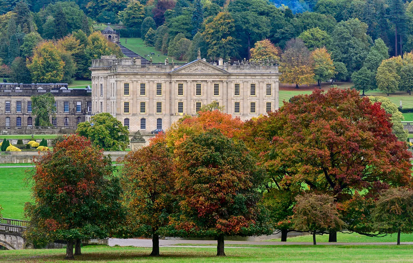 Photo wallpaper autumn, trees, bridge, Park, castle, England, river, Derbyshire