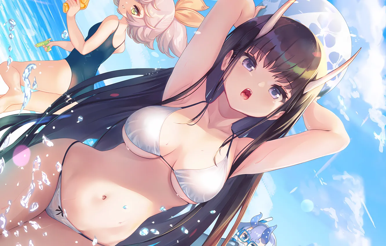 Photo wallpaper sexy, cleavage, beach, horns, sky, long hair, sea, girls