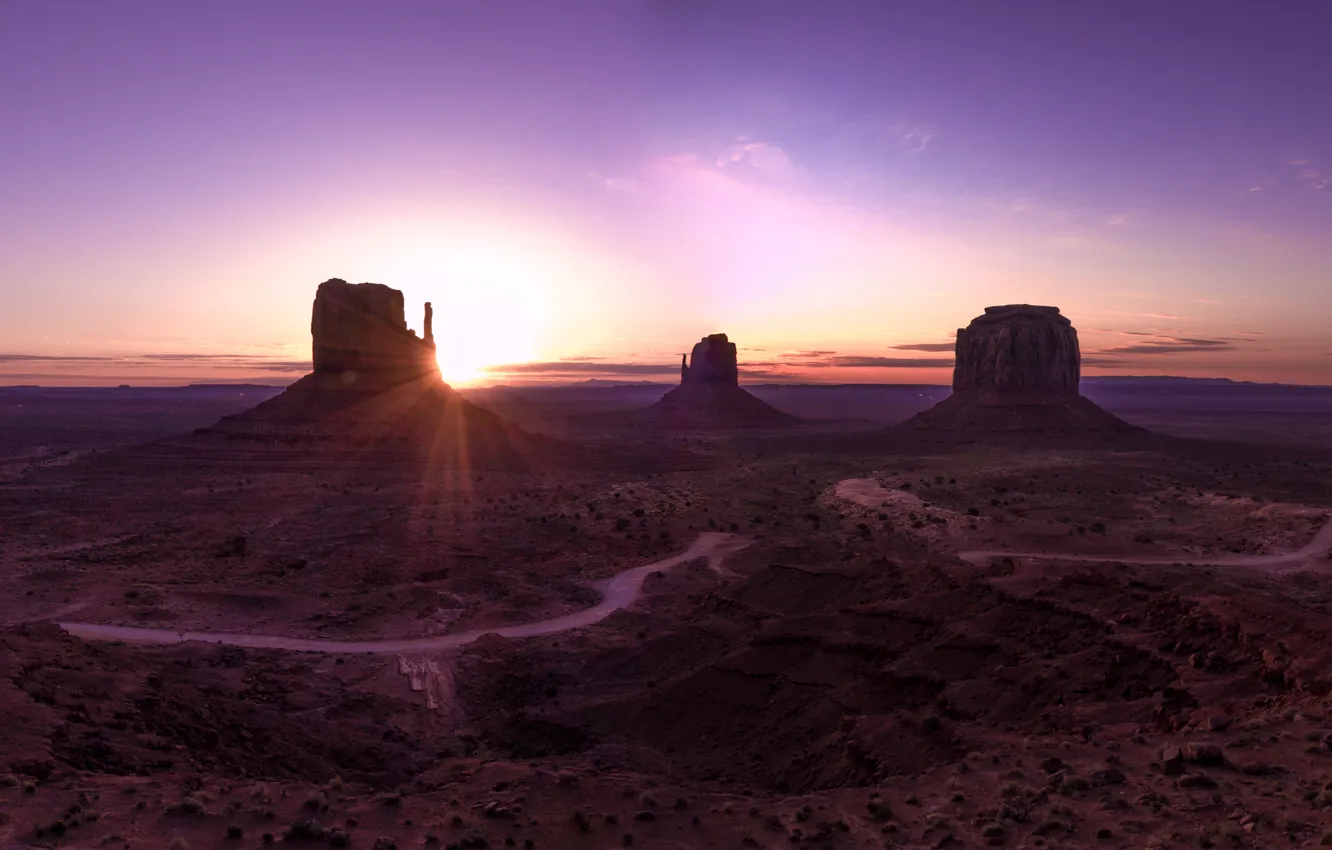 Photo wallpaper mountains, dawn, desert, valley, landscape, panorama, arizona, monument valley