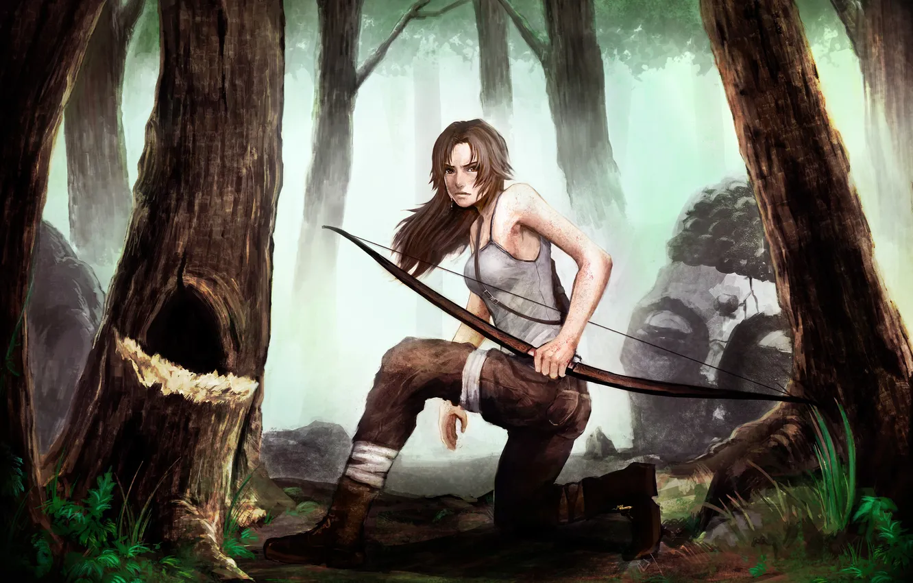 Photo wallpaper look, girl, trees, pose, weapons, paint, tears, bow