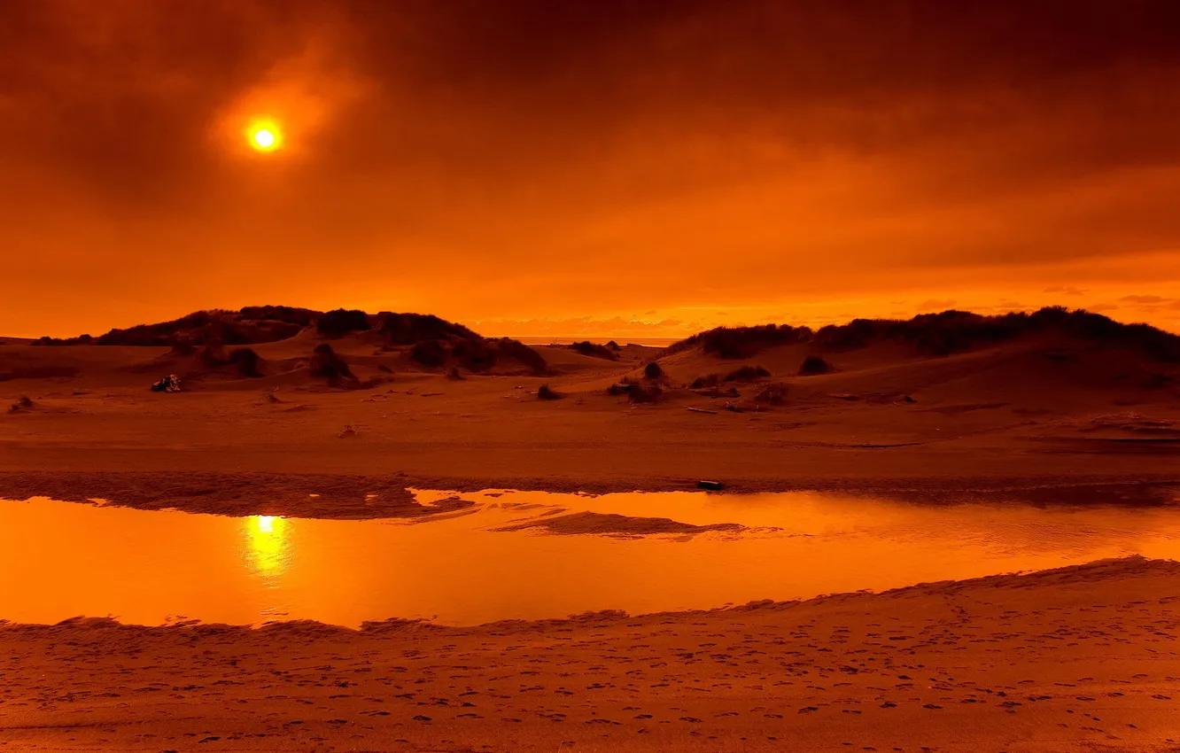 Photo wallpaper sand, sea, the sky, clouds, sunset, traces, the ocean, shore