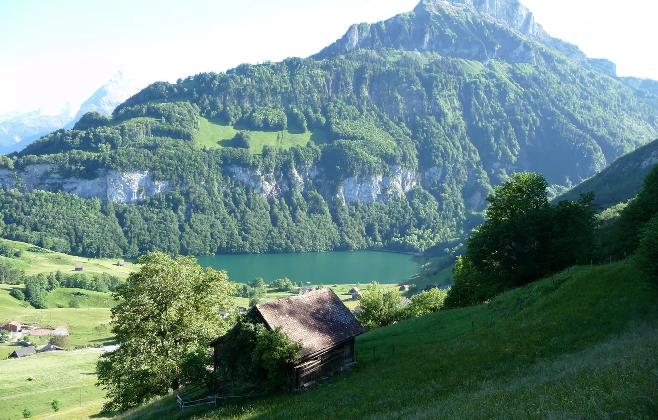 Photo wallpaper the sky, grass, trees, landscape, mountains, nature, lake, the fence