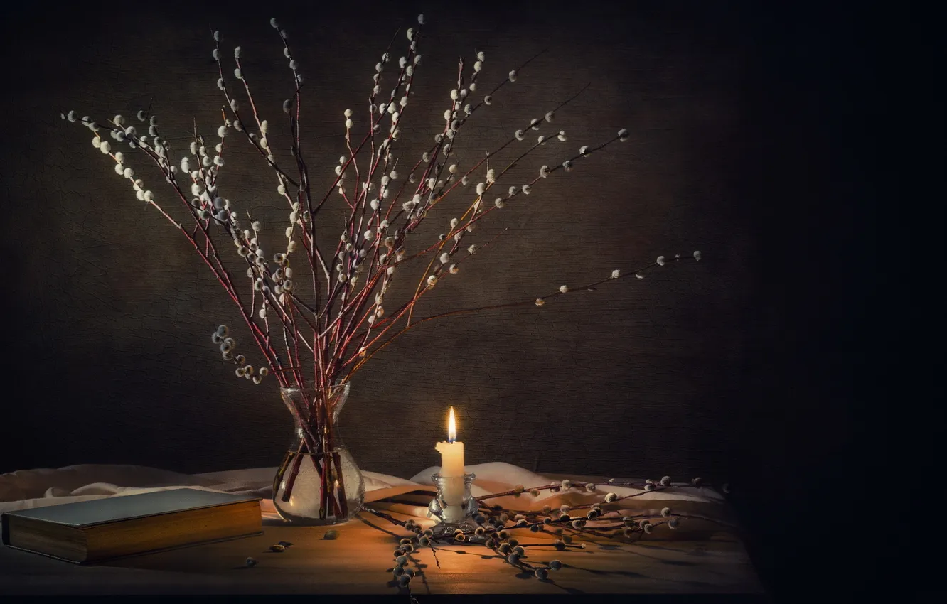 Photo wallpaper branches, candles, still life