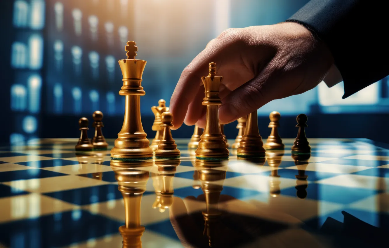 Photo wallpaper reflection, people, cell, hands, chess, pawn, wooden, fingers