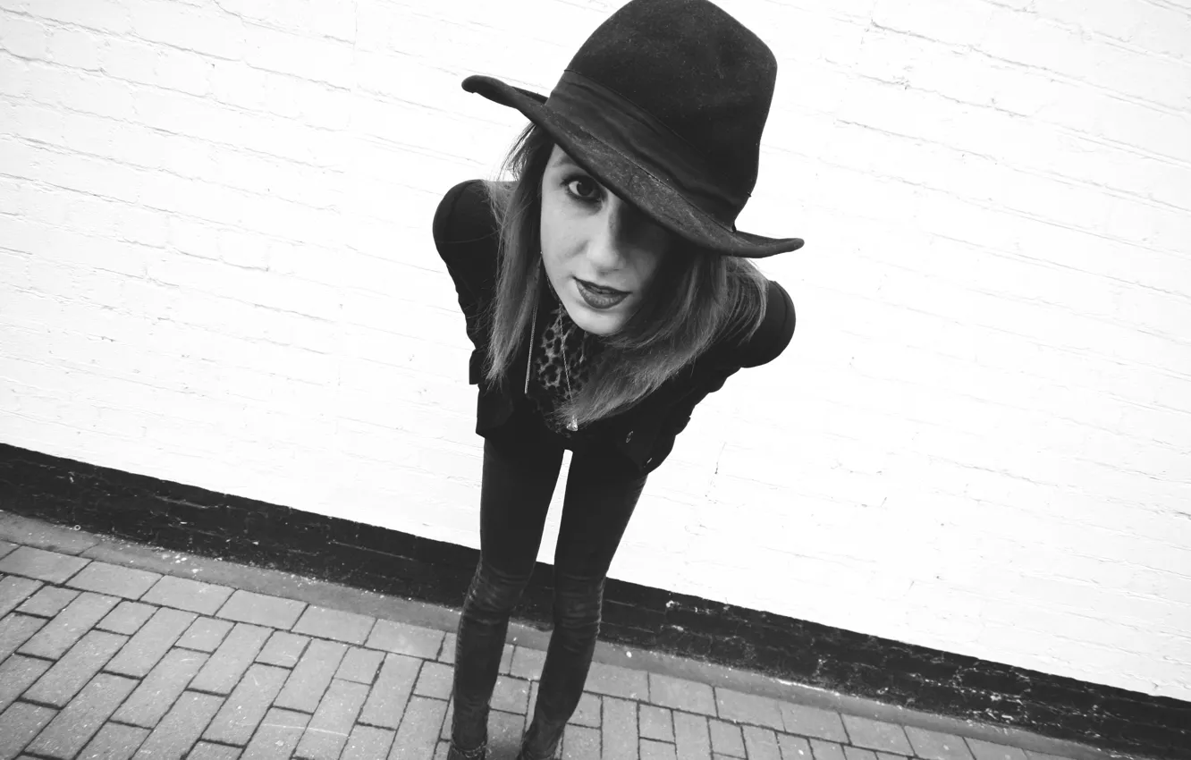 Photo wallpaper girl, wall, hat, woman, bricks, model, redhead, black and white