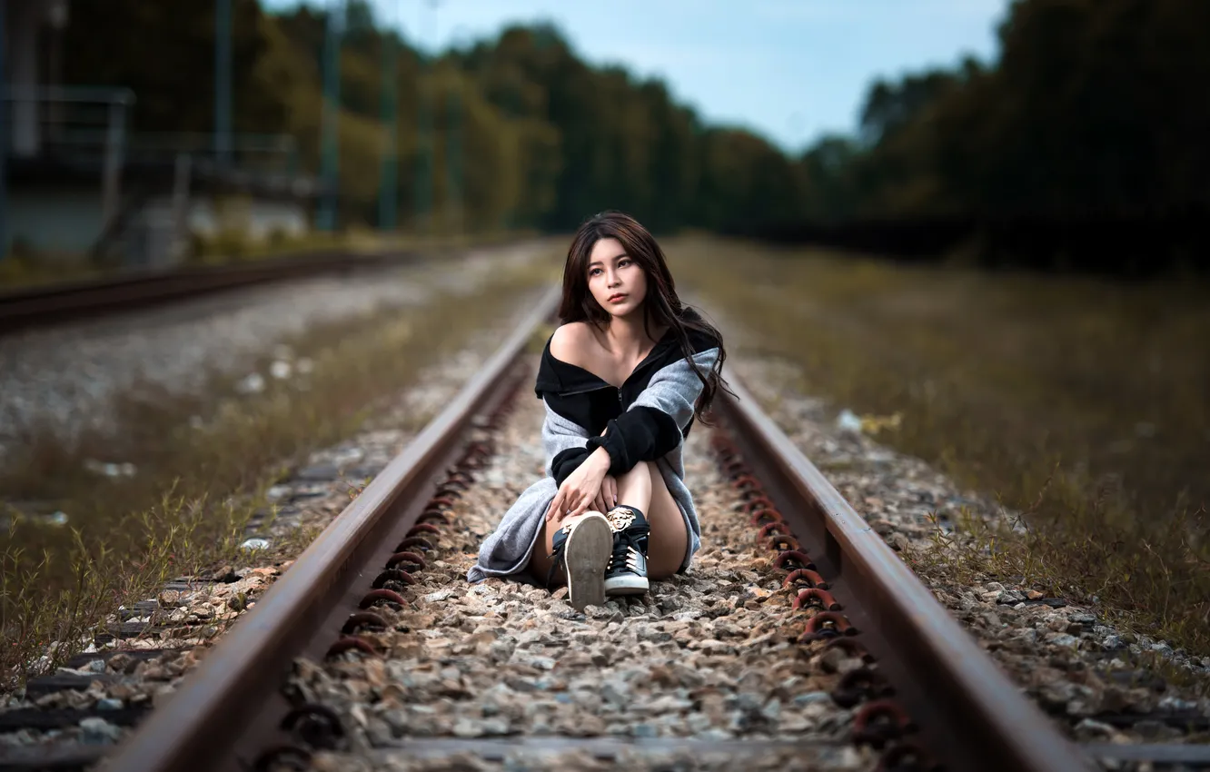 Photo wallpaper girl, railroad, Asian