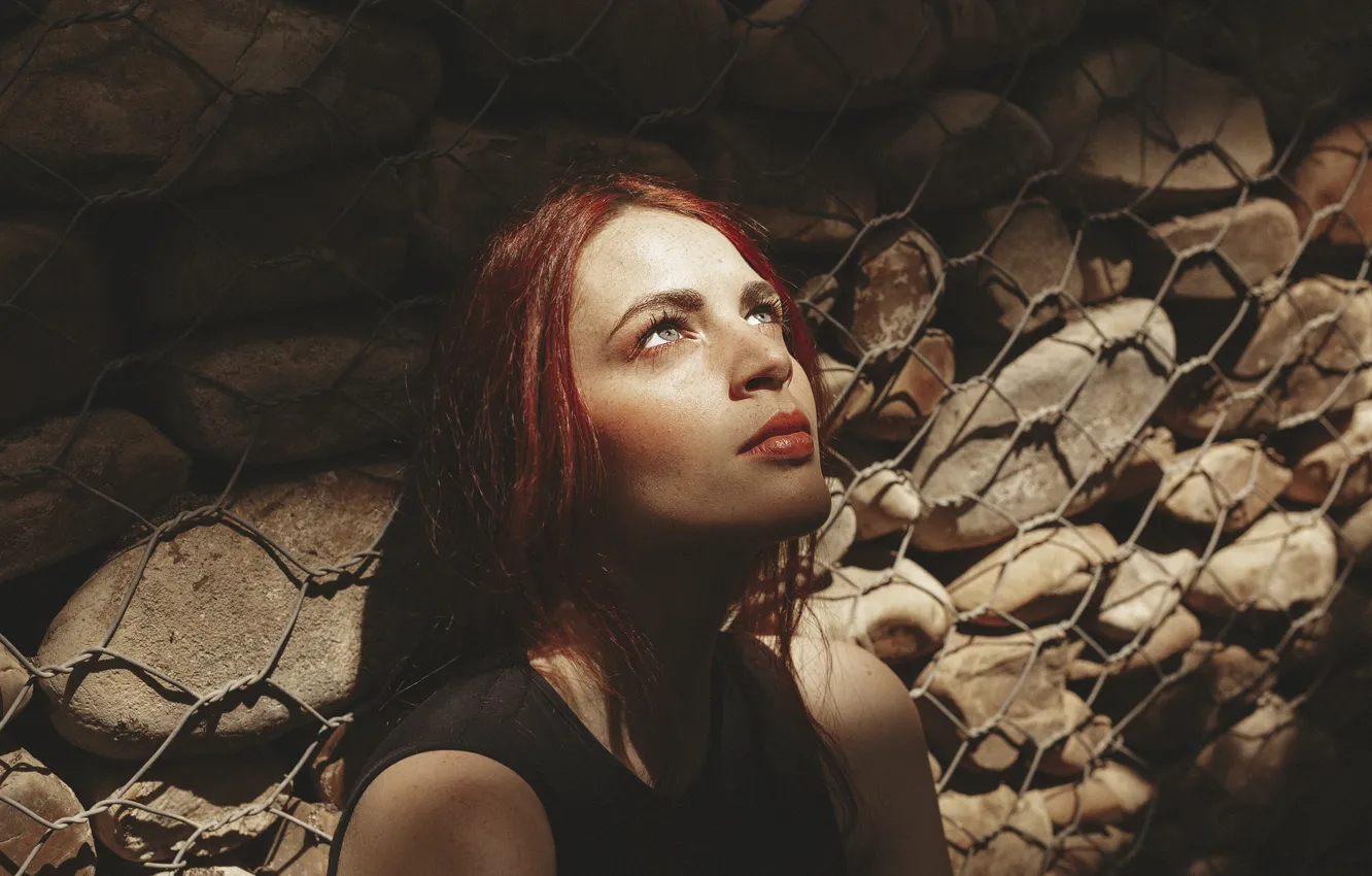 Photo wallpaper look, girl, light, face, grille