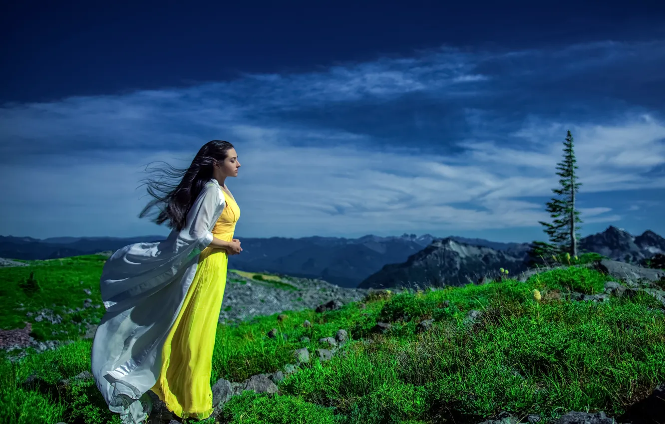 Photo wallpaper girl, mountains, dress, profile