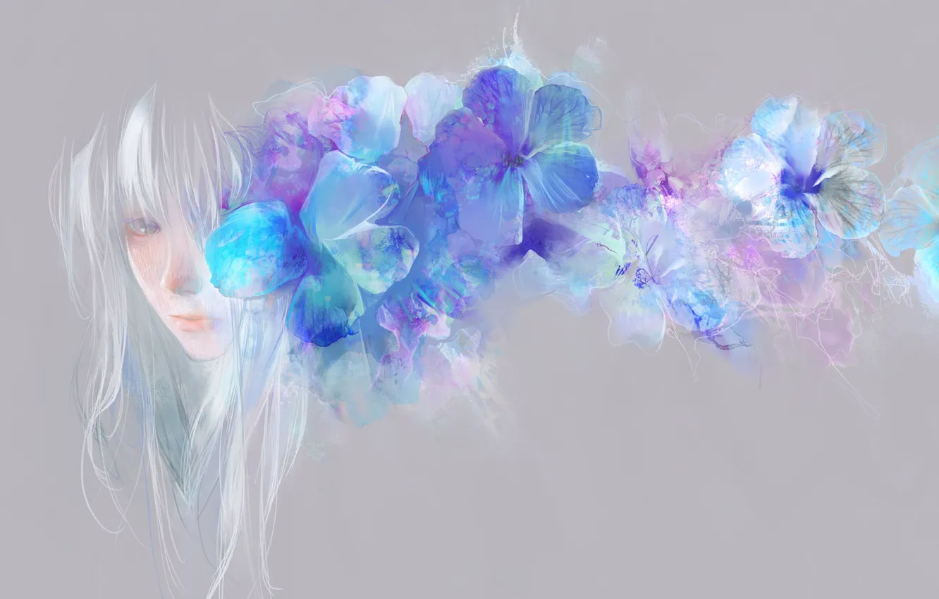 Photo wallpaper girl, flowers, blue