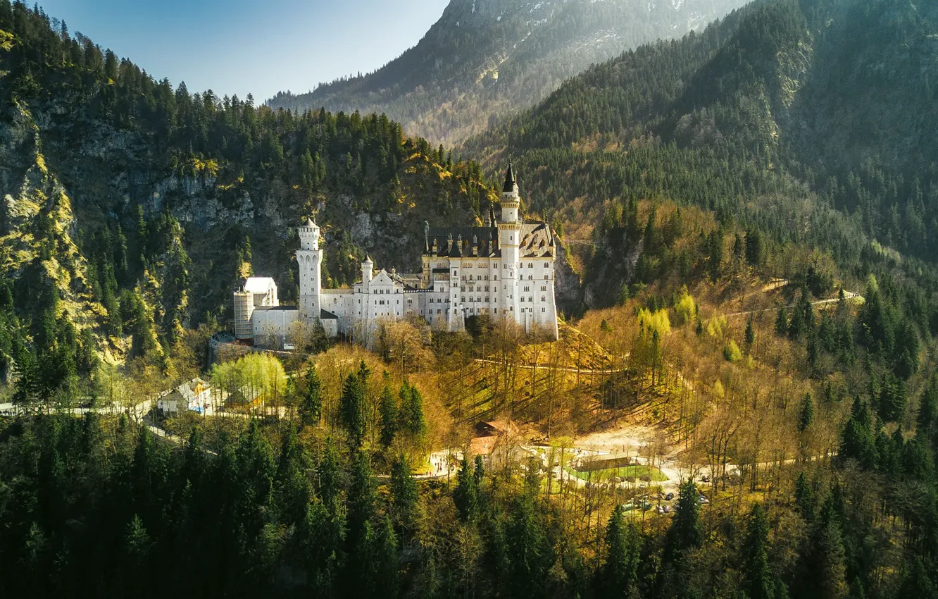 Photo wallpaper forest, the sun, trees, mountains, castle, rocks, Germany, Neuschwanstein