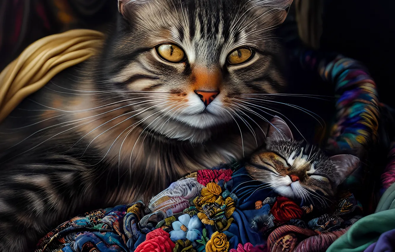 Photo wallpaper cat, look, flowers, portrait, baby, art, kitty, mom