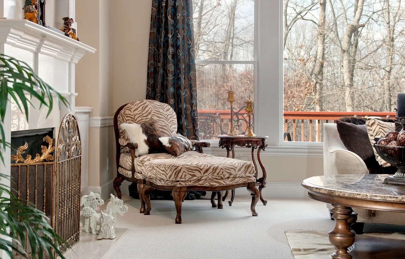 Photo wallpaper chair, fireplace, table