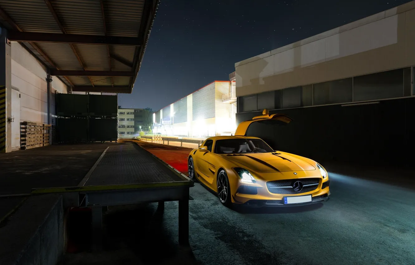 Photo wallpaper Mercedes-Benz, Light, AMG, SLS, Night, Yellow, Supercar, Doors Gull