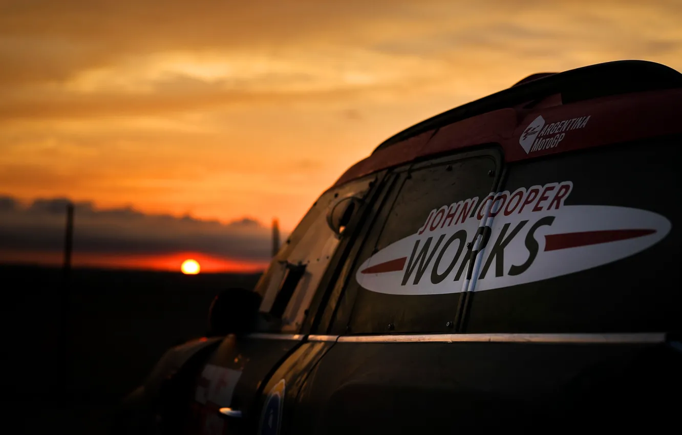 Photo wallpaper Sunset, The sun, Auto, Mini, Machine, Car, Rally, Dakar