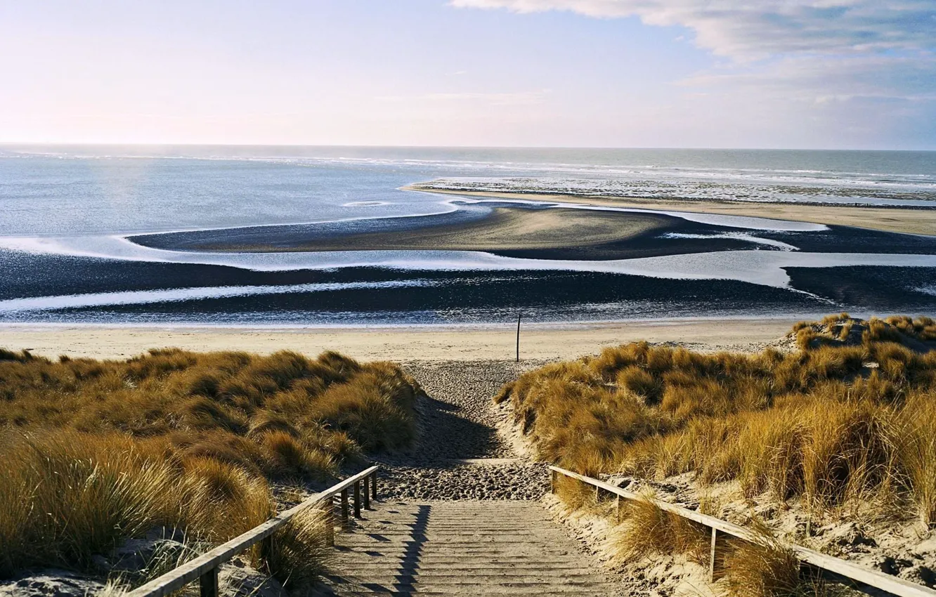 Photo wallpaper sand, sea, wave, beach, landscape, nature, horizon, ladder