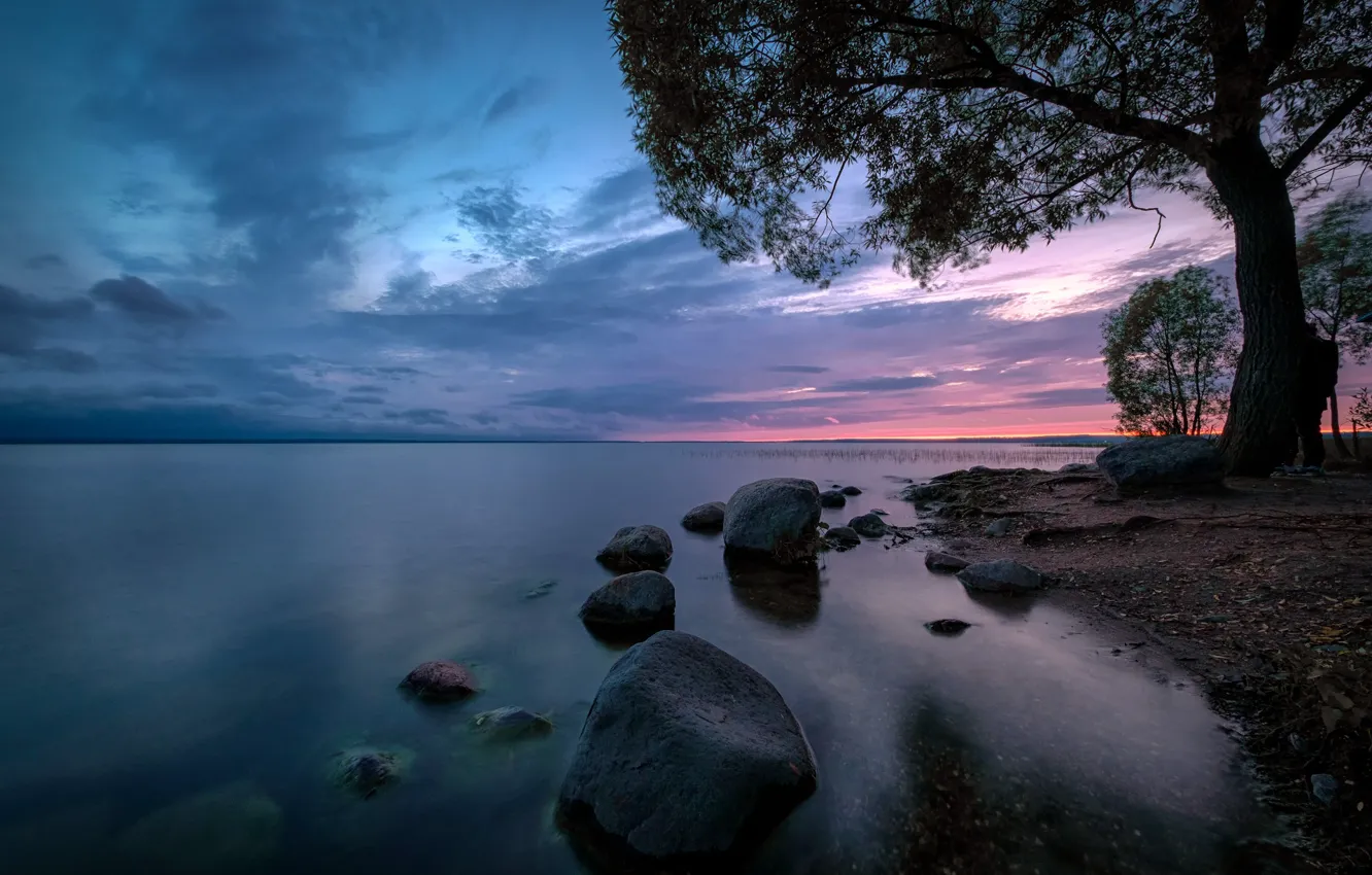 Photo wallpaper sunset, river, stones, the evening