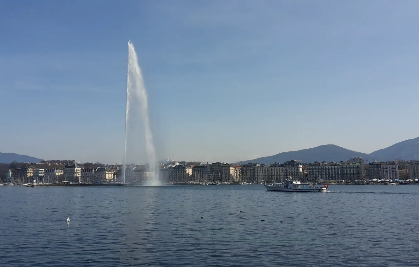 Photo wallpaper Switzerland, fountain, Lake Geneva, the city of Geneva