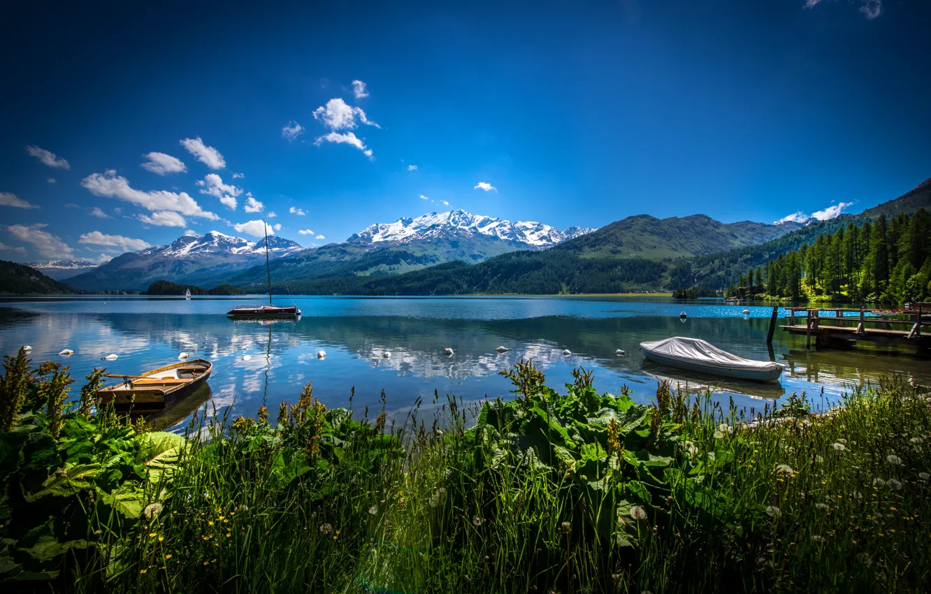 Photo wallpaper Nature, Mountains, Grass, Lake, Switzerland, Boats, Landscape, Lake Sils