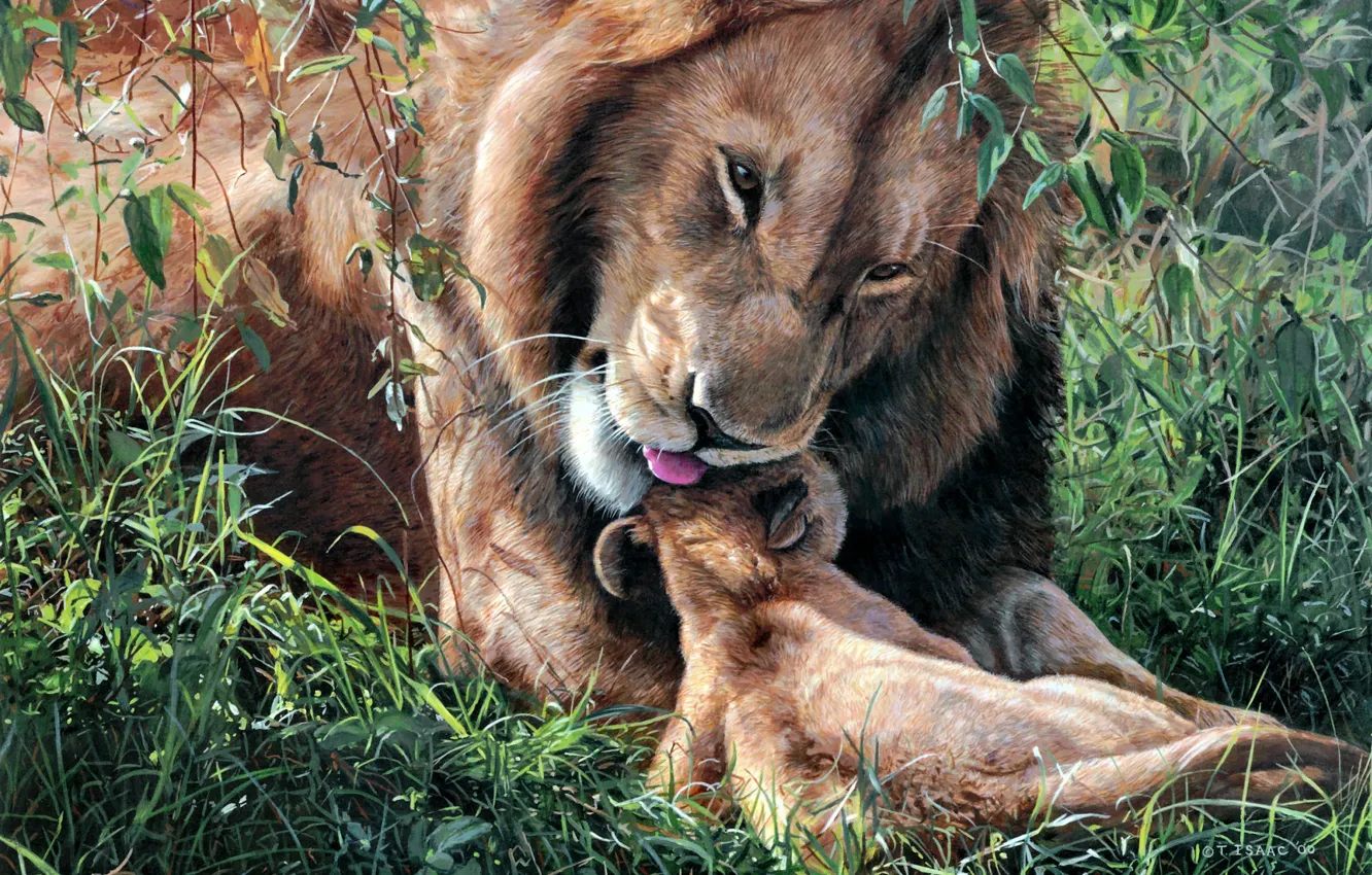 Photo wallpaper Leo, art, weasel, lion, Fathers Day, Terry Isaac, fatherhood