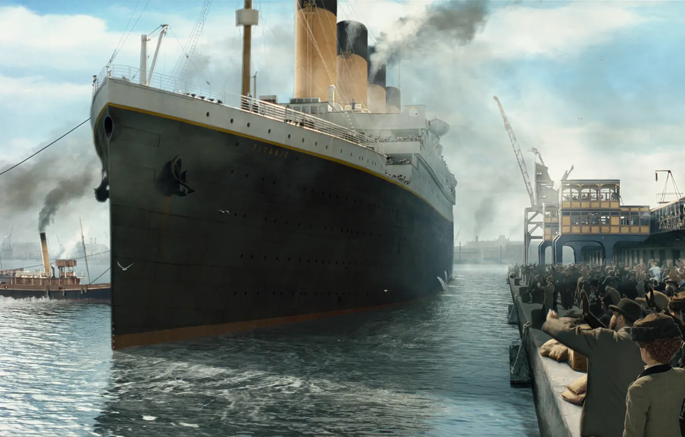 Photo wallpaper Pier, Figure, Liner, People, Titanic, Titanic, Passenger, Tugs