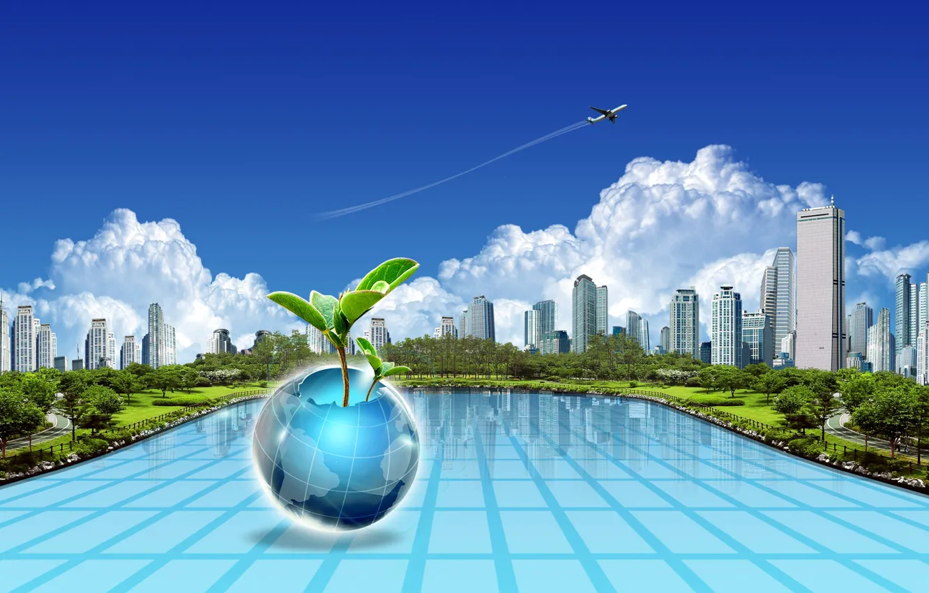 Photo wallpaper the city, the plane, earth, collage, plant, ball, home, journey