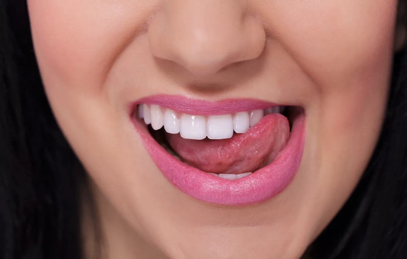 Photo wallpaper woman, tongue, mouth, teeth