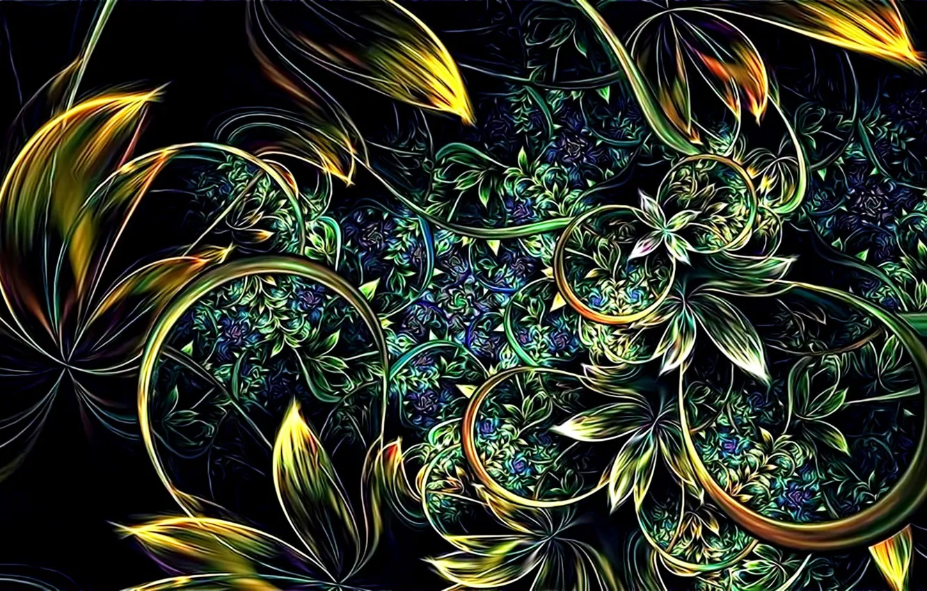 Photo wallpaper leaves, flowers, abstraction, rendering, background, stems, Wallpaper, curves